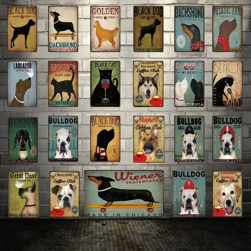 Жестяной плакат с собакой и кошкой домашний декор настенная живопись животное