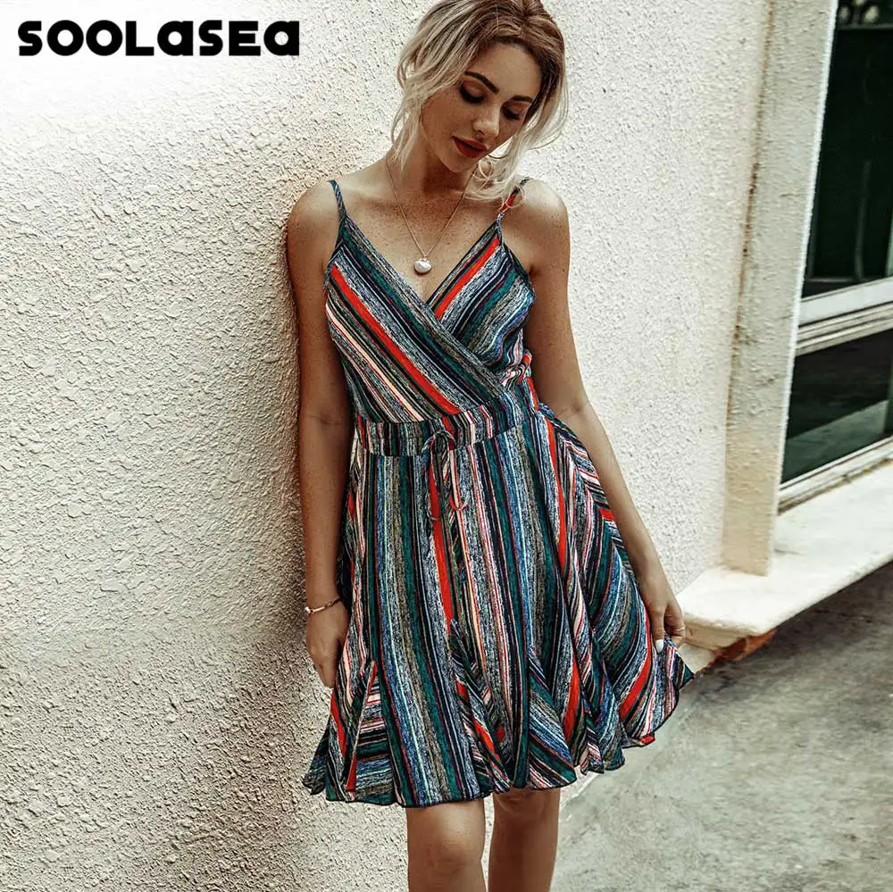 

BOHO SOOLASEA vintage Dress Women Floral Summer Backless Ruffle Sundress Beach Mini Short Bohemian Spaghetti Strap dress strip