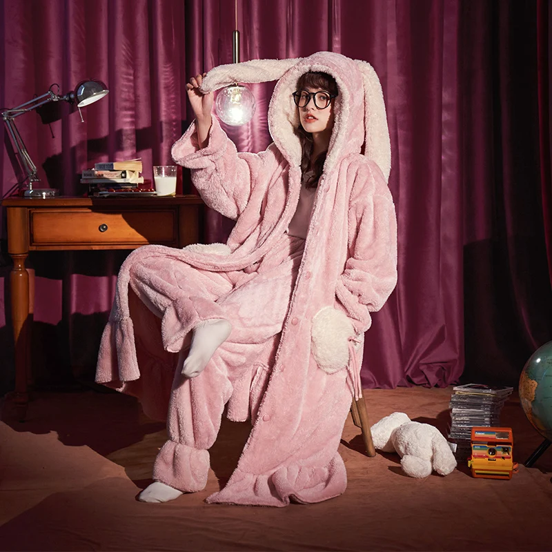 Intensification Winter Pajamas Loose Version Hooded Coral Fleece Pyjamas Women Sleepwear Medium Style Plus Size Flannel Nighty