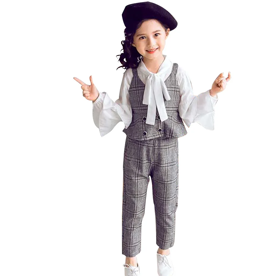 Одежда для девочек клетчатый Блейзер жилет + брюки рубашка костюм из 3 предметов