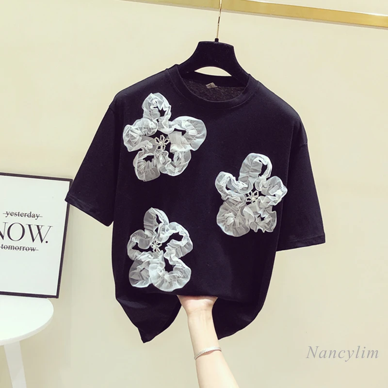 

Retro Beaded Three-Dimensional Flower Short Sleeve T-shirt Women's Summer Top Loose Tees White Black