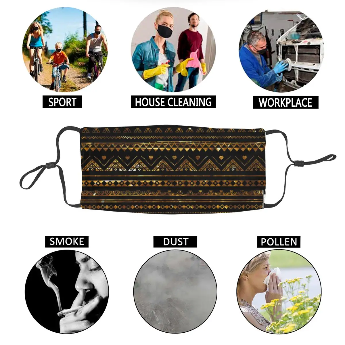 

Aztec Black Tinsel Gold Men Women Reusable Face Mask Dustproof Protection Cover Respirator