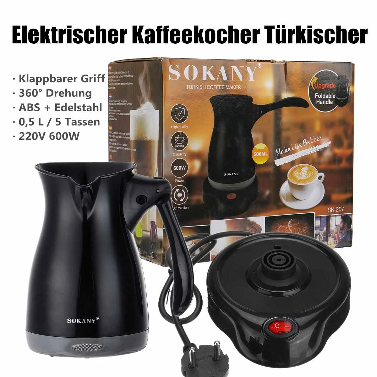 

500ML Portable Electric Coffee Maker Turkish Greek Coffee Machine 220V Espresso Tea Moka Pot Food Grade Kettle Anti-slip Base
