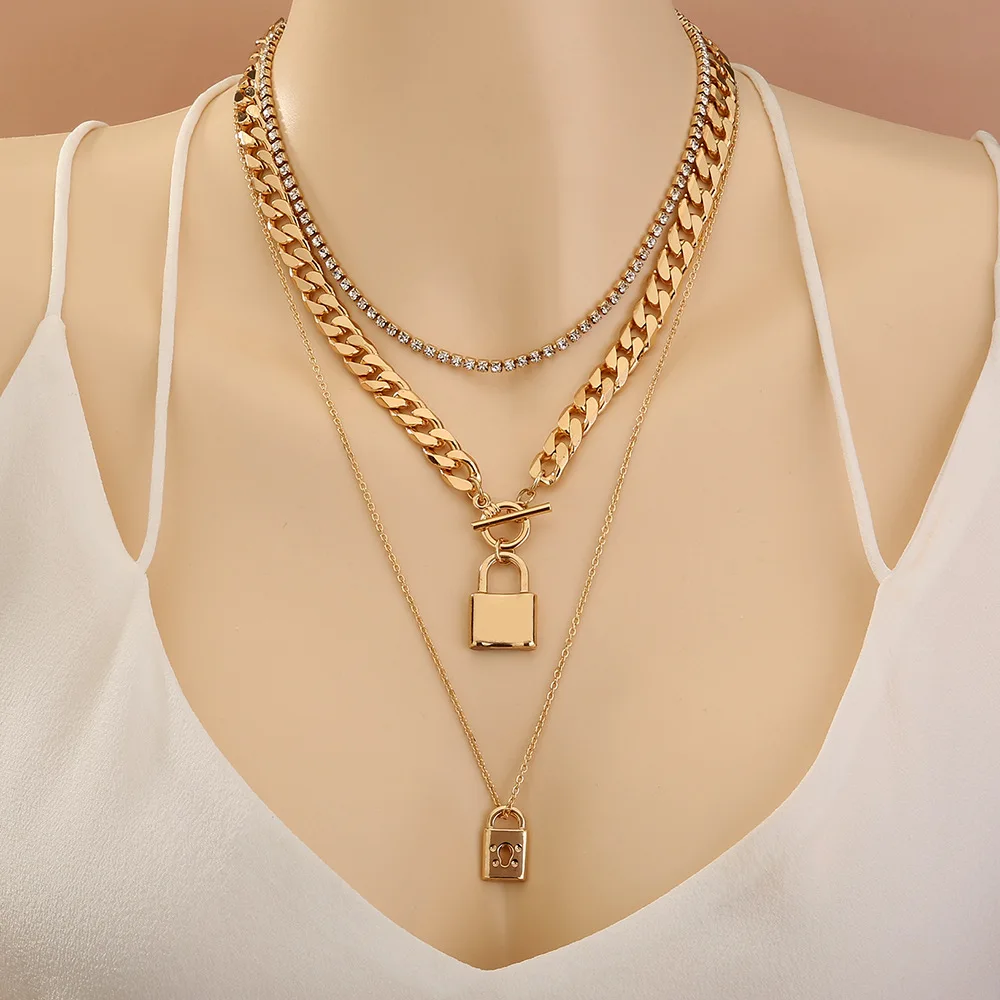 

Tiny Choker Lock Pendant Layered Curb Cuban Chains Necklaces for Women on Neck Punk Key Necklace Party Jewelry Accessories