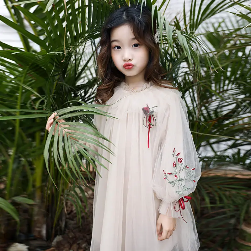 Dress Girl Princess Pink Mesh Hollow Out Embroidery Floral Lace Fashion Party Wedding 2019 New Midi Long Ball Gown | Детская одежда и