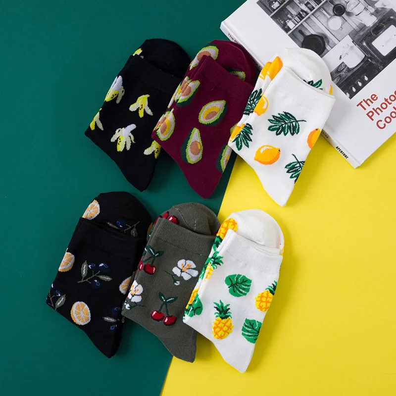 Korean Fresh Fruits Socks Lemon Avocado Pineapple Cherry Blueberry Orange Gardenias Banana Flamingos Plumerias