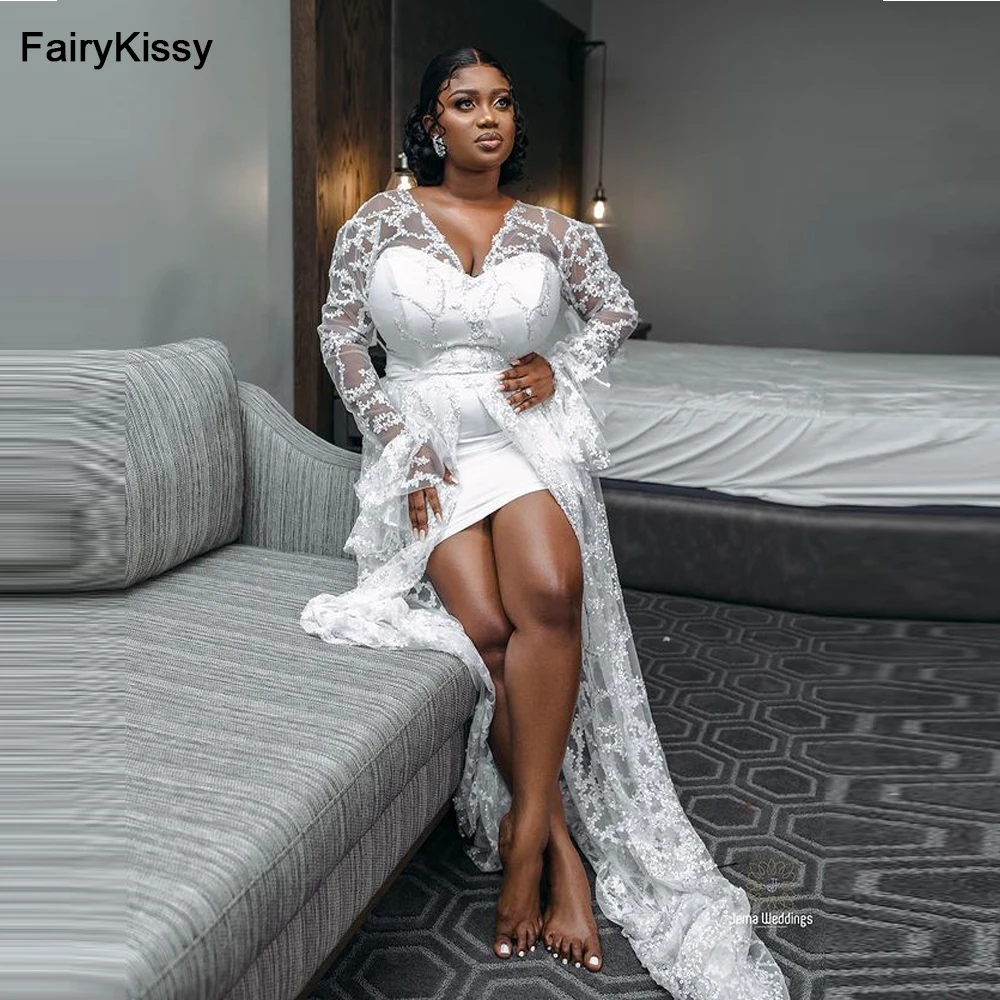 

FairyKissy Sexy Sequin Wedding Dresses for Women Illusion Long Sleeve Beach Bridal Party Gowns Country Dresses Open Back