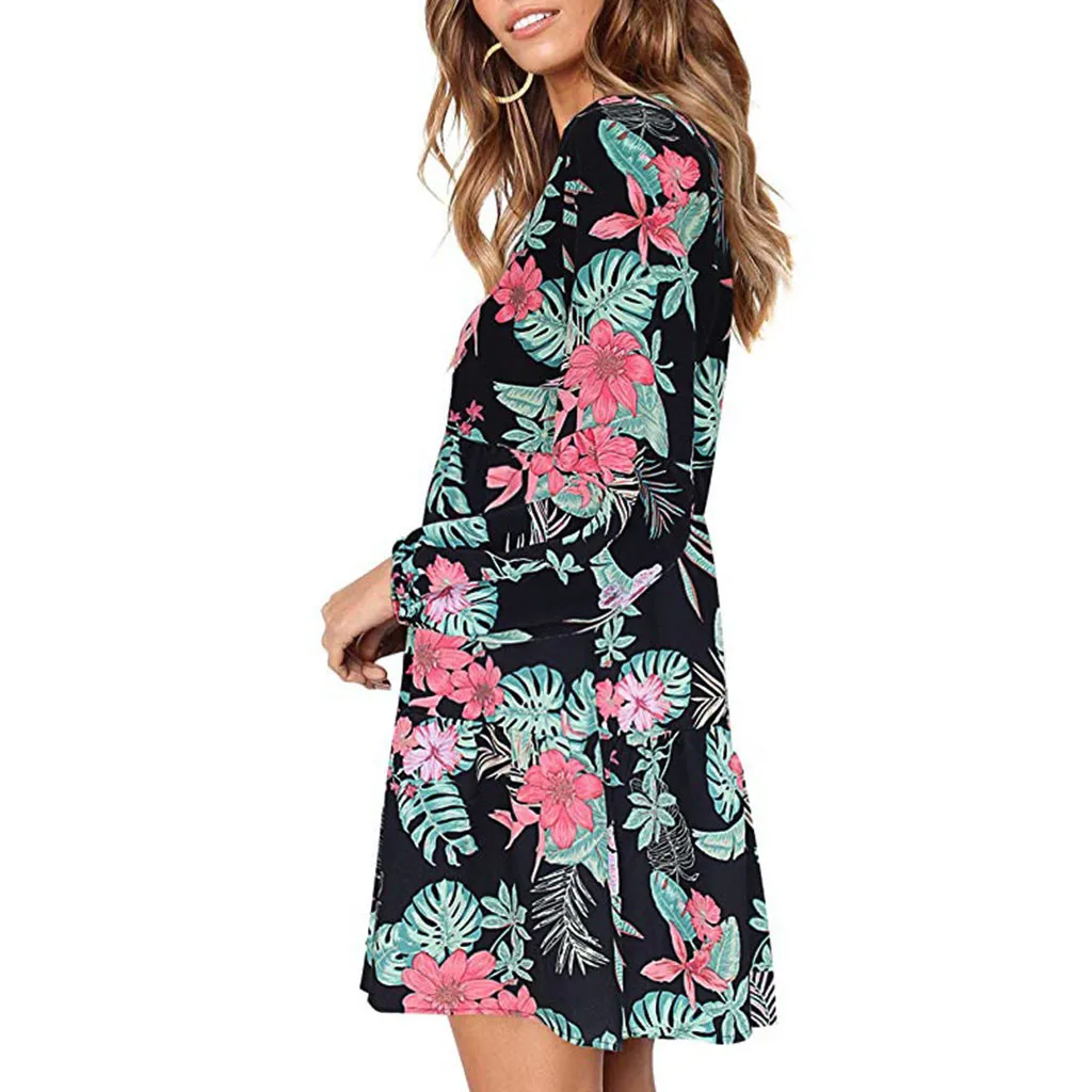 2020 Новое модное женское платье в стиле бохо с принтом мини длинным рукавом и v