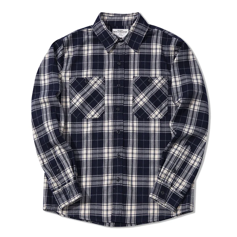 Heavy Weight Plaid Shirt Men Vintage Amekaji Long Sleeve Tshirt Autumn Winter New England Style Thick Lapel Cardigan Casual Tops