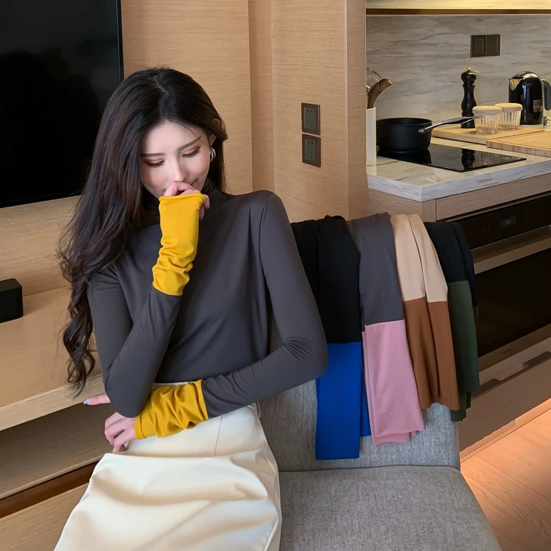 

Winter new style net red fashion high neck long sleeve hit color slim plus velvet warm pullover bottoming shirt harajuku tops