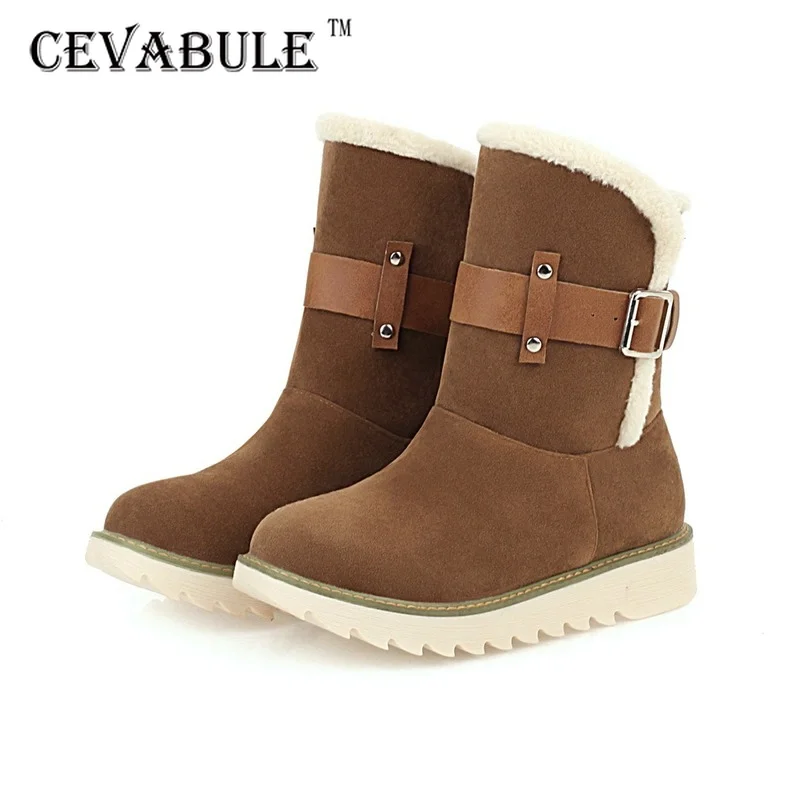 

CEVABULE 2020 New Belt Buckle Short Boots Thick Fur Snow Boots Flat Heel Boots Combat Boots for Women Winter Boots Woman TYX