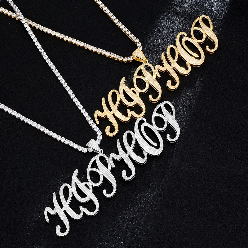 

Hip Hop Custom Name NEW CURSIVE Cubic Zirconia Bling Combination Words Iced Out Chain Pendants & Necklaces For Men Jewelry