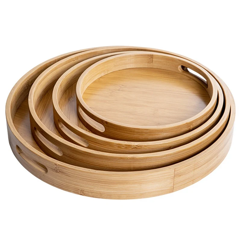 

Wooden Round Serving Tray Wood Plate Tea Food Dishe Drink Platter Food Plate Dinner Beef Steak Fruit Snack Tray