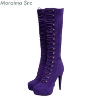 newest sexy purple platform shoes women winter round toe high heels knee high boots button gladiator stiletto heel boots shoes