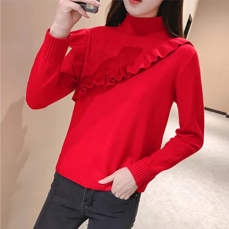 

Женский трикотажный свитер с высоким воротником, повседневный облегающий пуловер составного кроя с оборками в Корейском стиле, Осень-зима ...