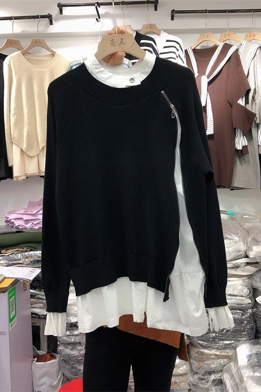 

2021 Women's New Spring Korean Style Loose Contrast Color Shirt Stitching Fake Two-Piece Zipper Design Pullover Sweater Top