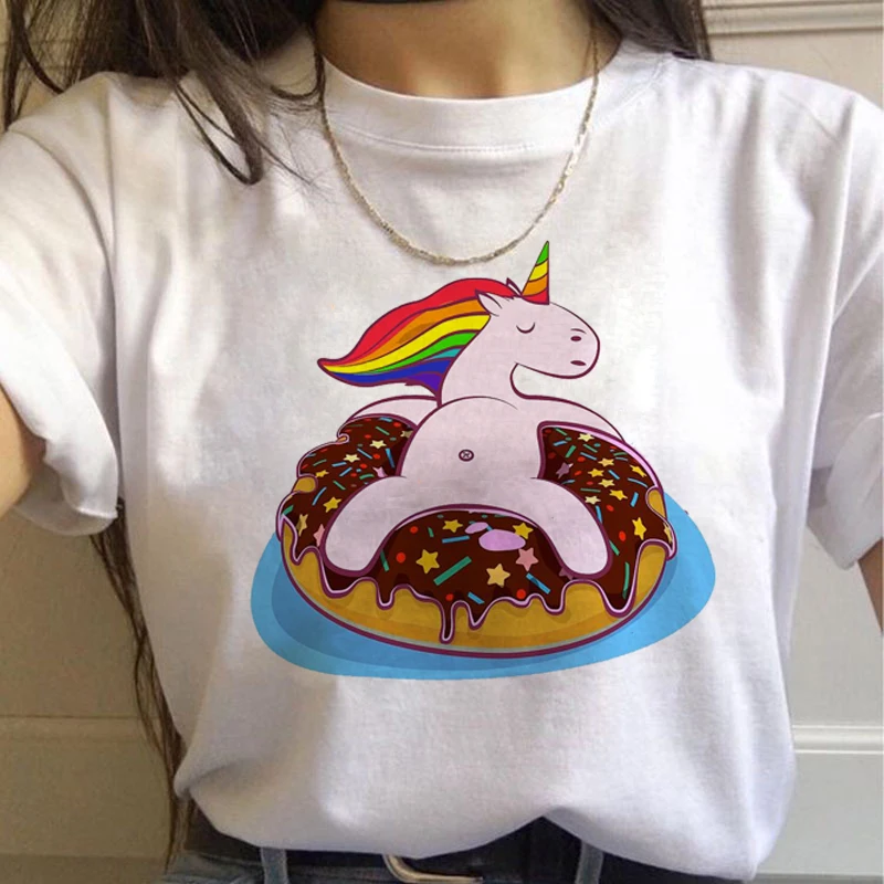 Единорог Kawaii Harajuku футболки женские милые Unicornio Ullzang мультфильм футболка 90s Забавный принт футболки с графическим изображением женские - Цвет: 7572
