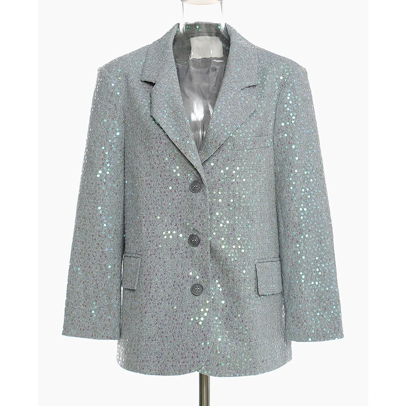 

SeeBeautiful Casual Sequins Loose Elegant Blazer Coat Notched Long Sleeve Single Breasted New Fashion Autumn 2021 Women M143