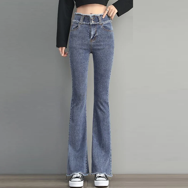 Fashion Tassels Slim Flared Jeans Women High Waist Plus Size Denim Bell Bottom Pants Solid Vintage Jeans Spring Trousers Female