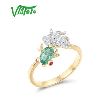 VISTOSO 여성용 골드 반지, 천연 에메랄드 루비 다이아몬드, 사랑스러운 물고기, 트렌디한 파인 쥬얼리, 14K 585 옐로우 골드 스파클링