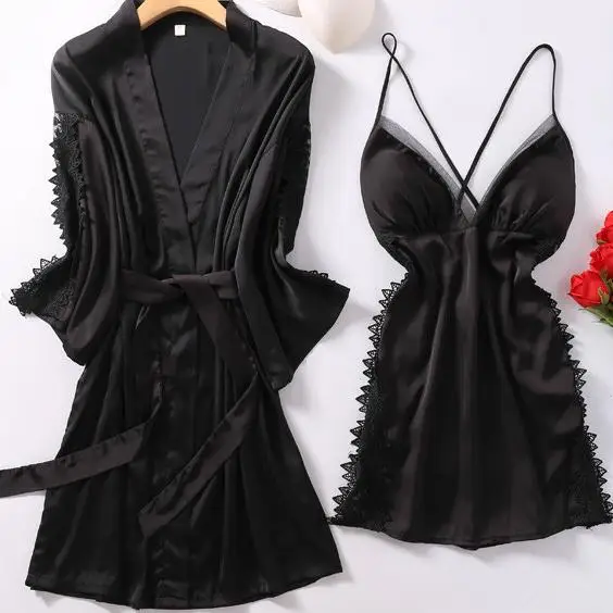 

Sleepwear Bridal Lace Robe Set Satin Ladies Sexy Kimono Bath Gown Sexy V-Neck Nightwear Bridesmaide Wedding Bathrobe Suit