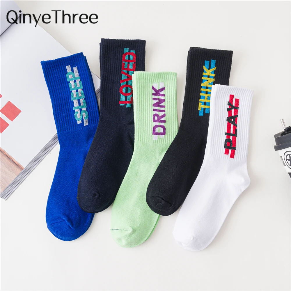 Women's Funny Words Loved Think Drink Sleep Play Lettered Striped Art Socks Couples Skateboard Hipster Street Dance Harajuku Sox