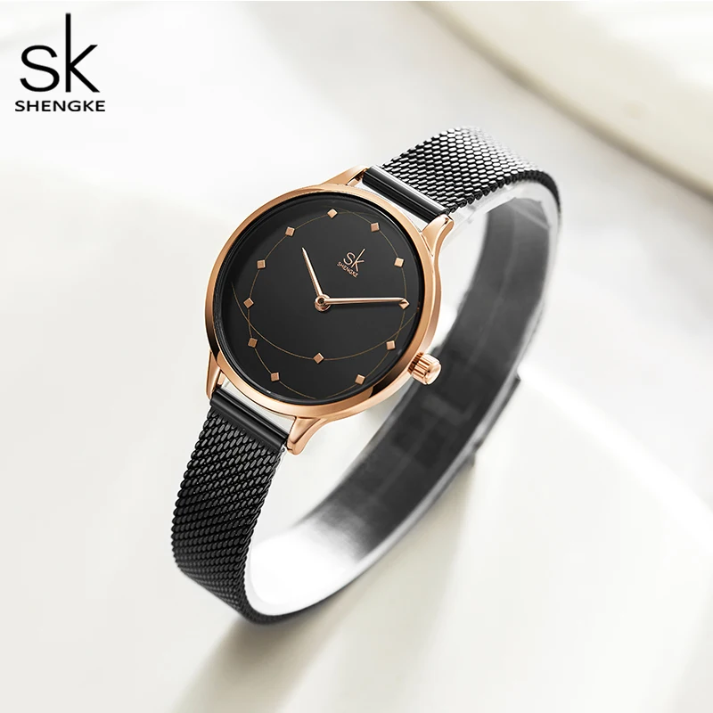 Часы Shengke женские стильные дизайнерские с браслетом из розового золота сетчатым