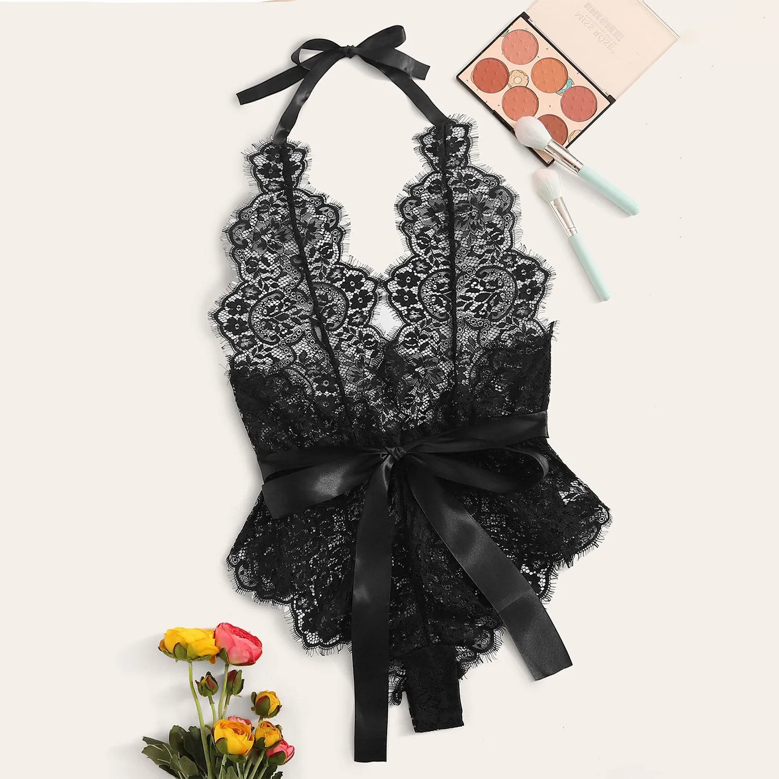 

Halter Balck Lace Bodysuit Bandage Exotic Lingerie for Women Bowknot Hollow Temptation Jumpsuit One Piece Lace Lingerie