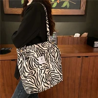 fudeam soft corduroy zebra hasp women shoulder bag simple style casual tote shopping bags female handbag student canvas book bag
