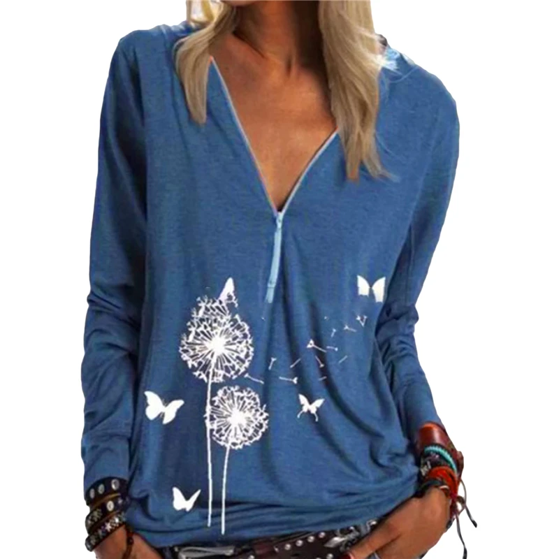 

Creative Print Spring Ladies T Shirt Casual V Neck Long Sleeve T Shirts Zipper Print Pullover Autumn Female Loose Tops