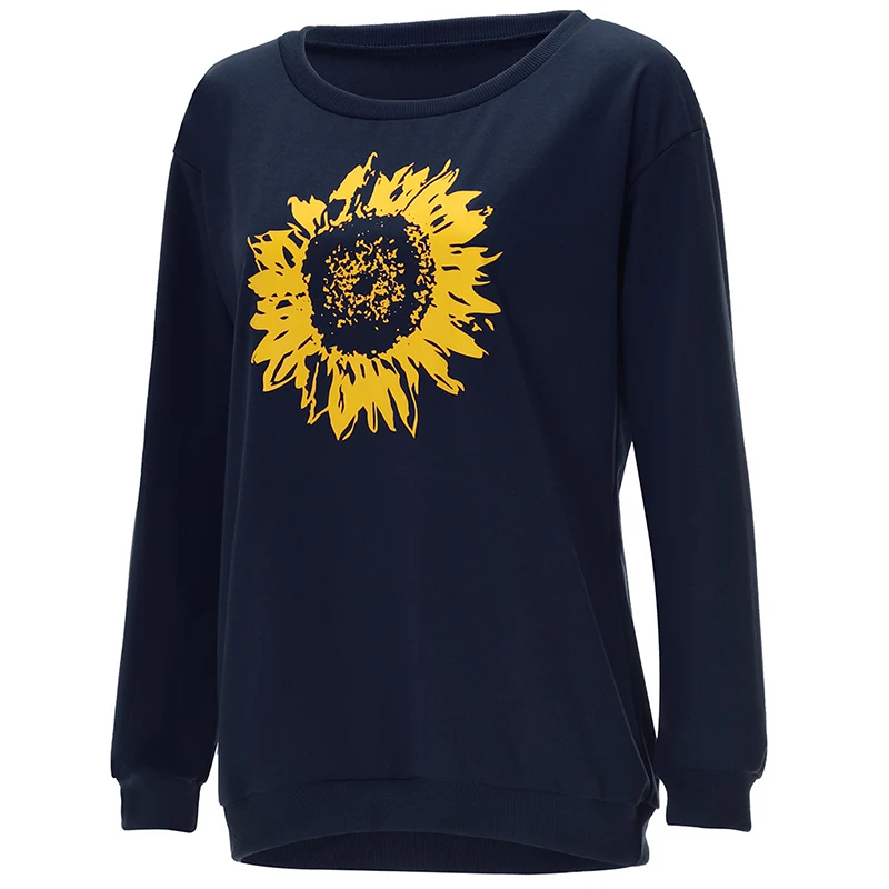 Женский пуловер с длинным рукавом круглым вырезом и цветочным принтом|Женские