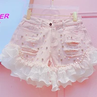 basic summer denim shorts women 2021 pingk lace korean casual mid waist cuffed tassels ripped holes pink jeans shorts