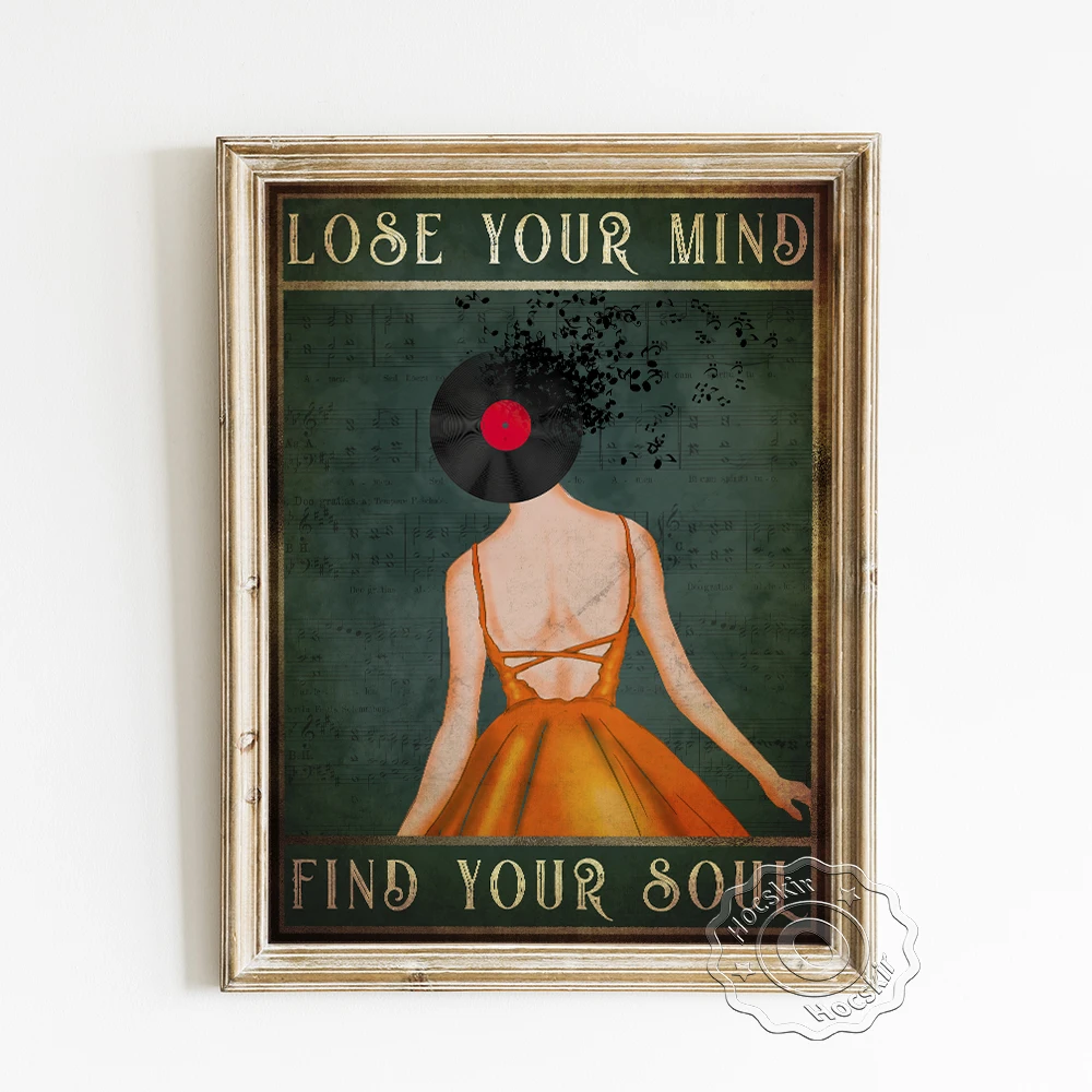 Listen Music Orange Dress Girl Vintage Poster, Vinyl Record Art Prints Canvas Painting, Female Figure Wall Picture Home Decor