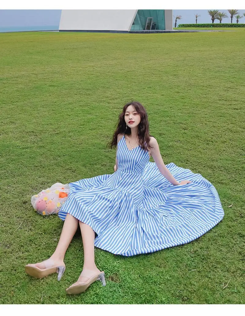 

Casual Women Sweet Seaside Vacation Beach Skirt Female Summer New Style V-Neck Striped Thin Suspender Dress Irregular Long Skir
