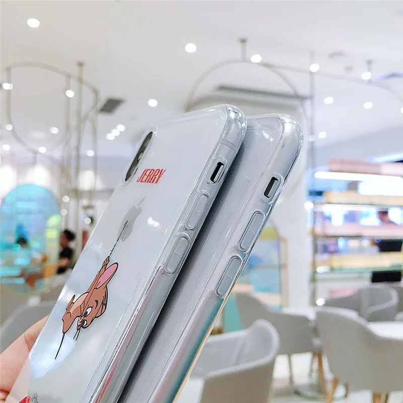 Чехол для телефона с мультяшным котом и мышкой для iphone 11 Pro MAX X XS MAX XR 7 6 6S 8 Plus, мягкий прозрачный чехол из ТПУ с забавным шнурком том Джерри