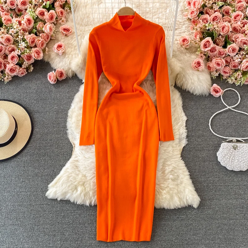 

Autumn And Winter Elegant Women's Solid Knit Dress Bodycon Dress High Neck Long Sleeve Base Package Hip Robe Female Vestidos