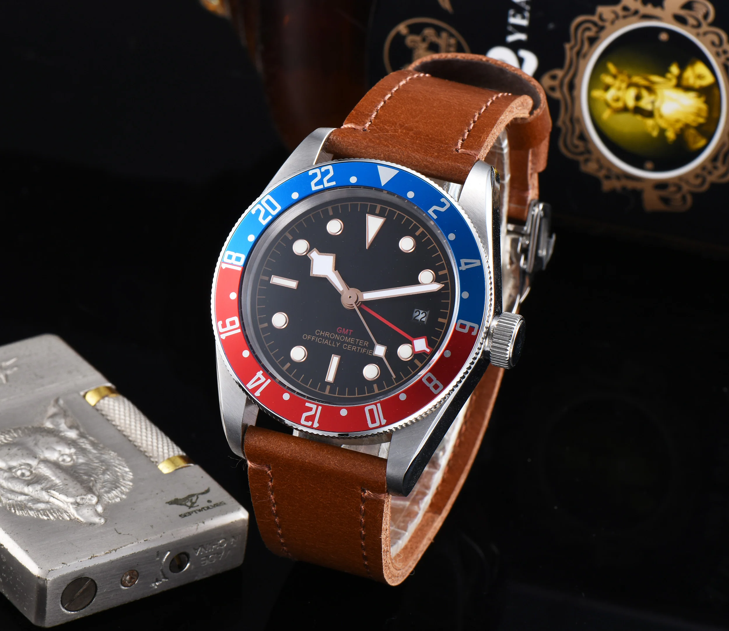 Corgeut 41 мм GMT часы черный циферблат Bay черный и красный ободок кожа механические мужские часы с автоматическим подзаводом