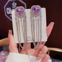 korean luxury elegant purple rhinestone heart crystal long tassel drop earrings for women girls holiday party banquet jewelry