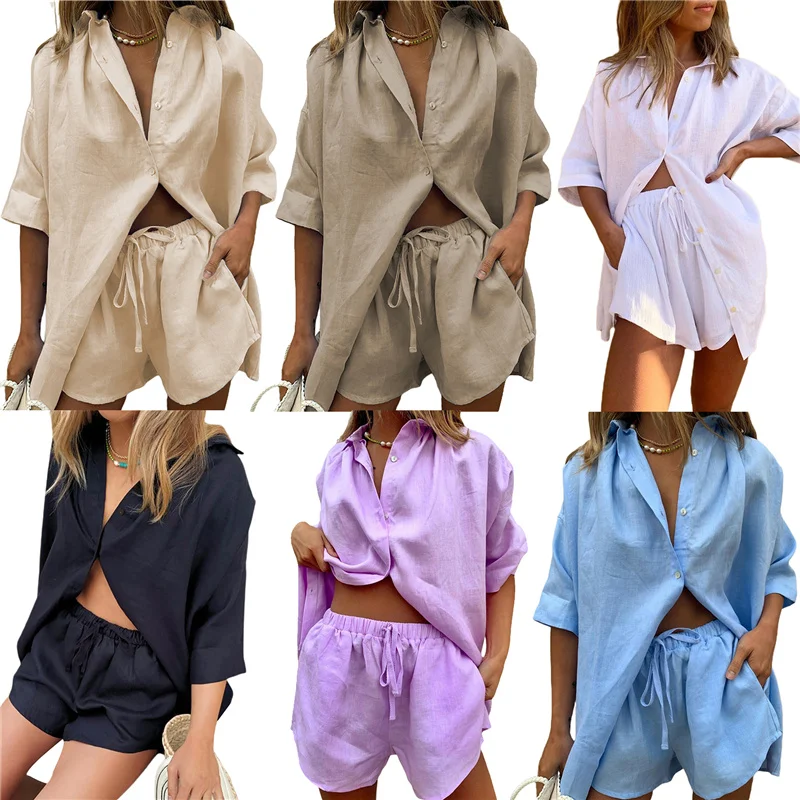 

Women 2 Piece Tracksuit Outfit Sets Cotton Linen Long Sleeve Button Down Shirt And High Waisted Shorts Clothes Roupas Feminina