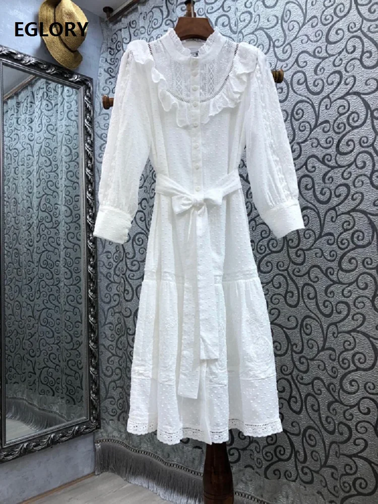 

2021 Summer Fashion White Dress High Quality Women Hollow Out Embroidery Ruffle Deco Full Sleeve Casual Long Shirt Dress Belt