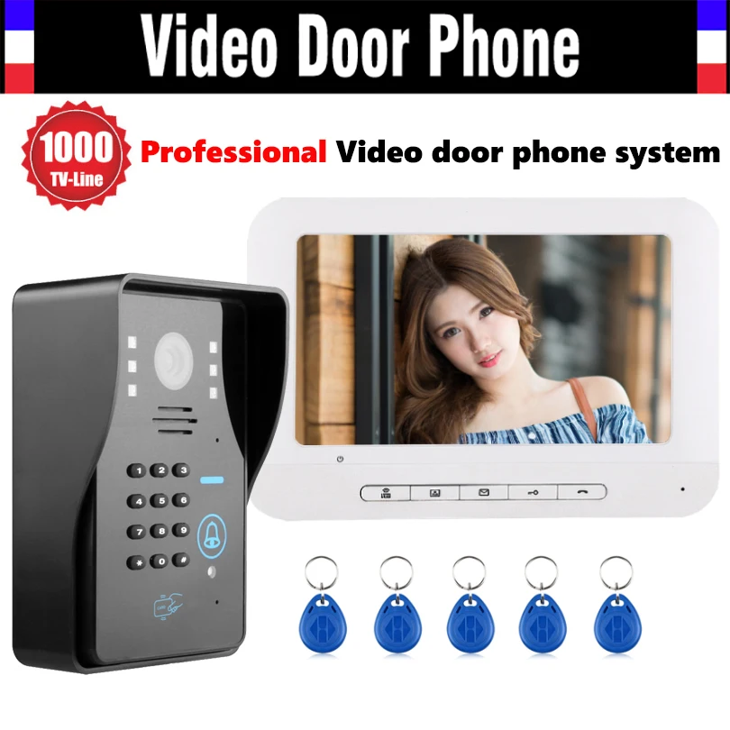 

7 Inch Screen Video Door Phone Intercom System 1000TVL Password Code Keypad Camera 5pcs ID Card Video Doorbell Kit