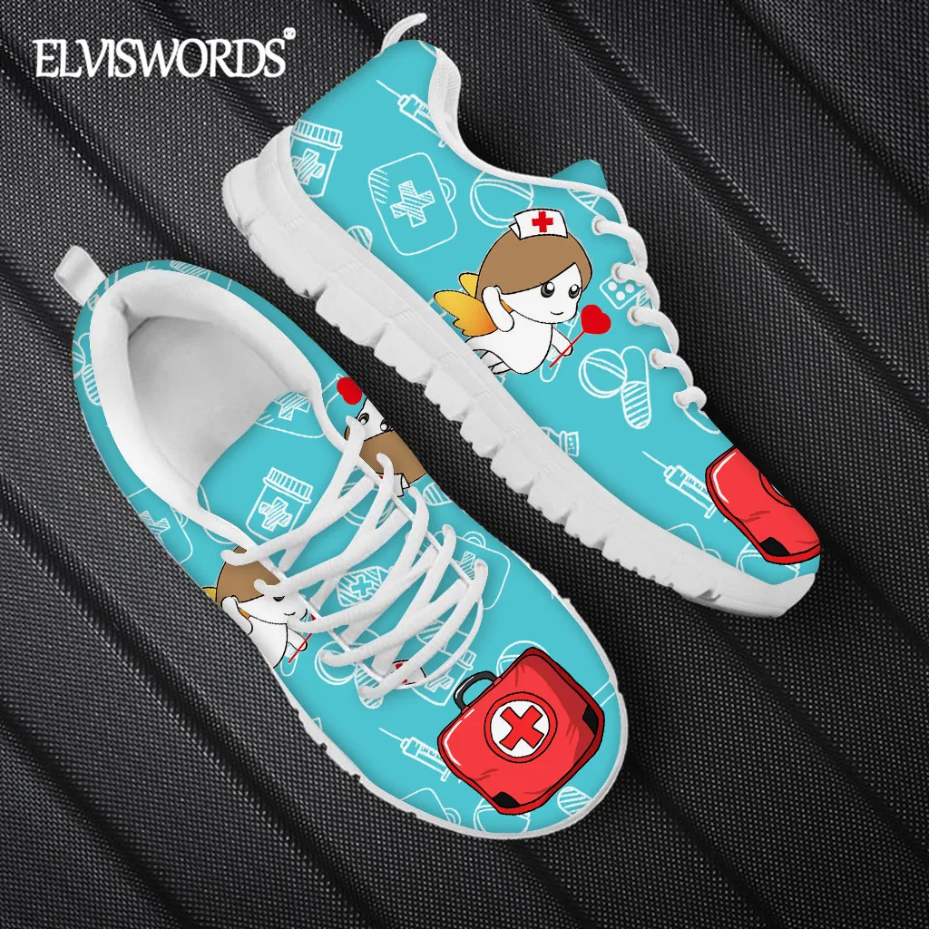 

ELVISWORDS/Kawaii; Женская обувь на плоской подошве с принтом Феи для медсестер; Новинка 2021 года; Модные сетчатые кроссовки на шнуровке; Дышащая повс...