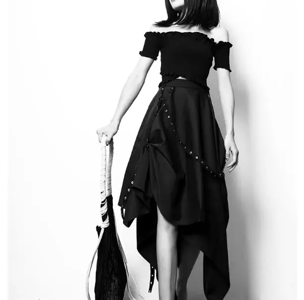 

Spring summer women's black color irregular cool long skirt female rumway fashion high waist sexy black skirt TB879