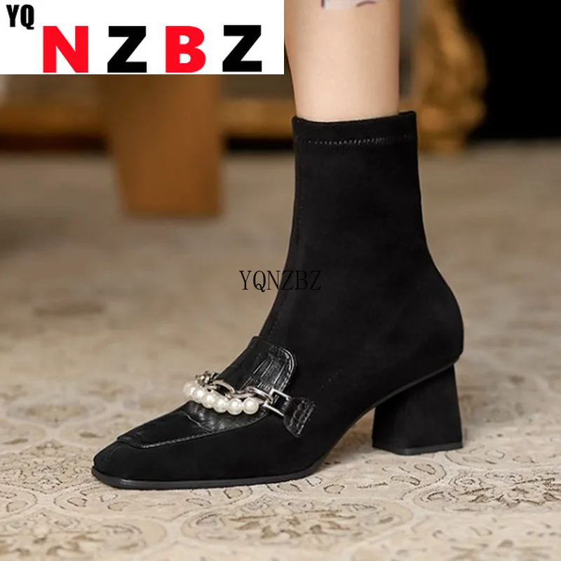 

Elegant Ankle Boots for Women Side Zipper Knitting Leather High Heels Boots 2021 Autumn Winter Pointed Beads Women Wedding Shoes