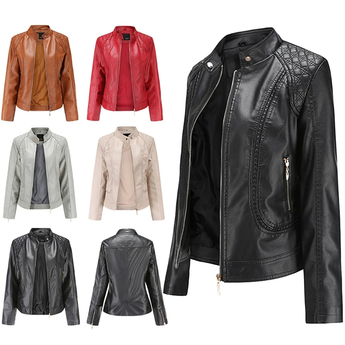 

PU Leather Jacket Female Solid Elegant Europe and America Style Large Size Jacket PU Leather Womens Coat