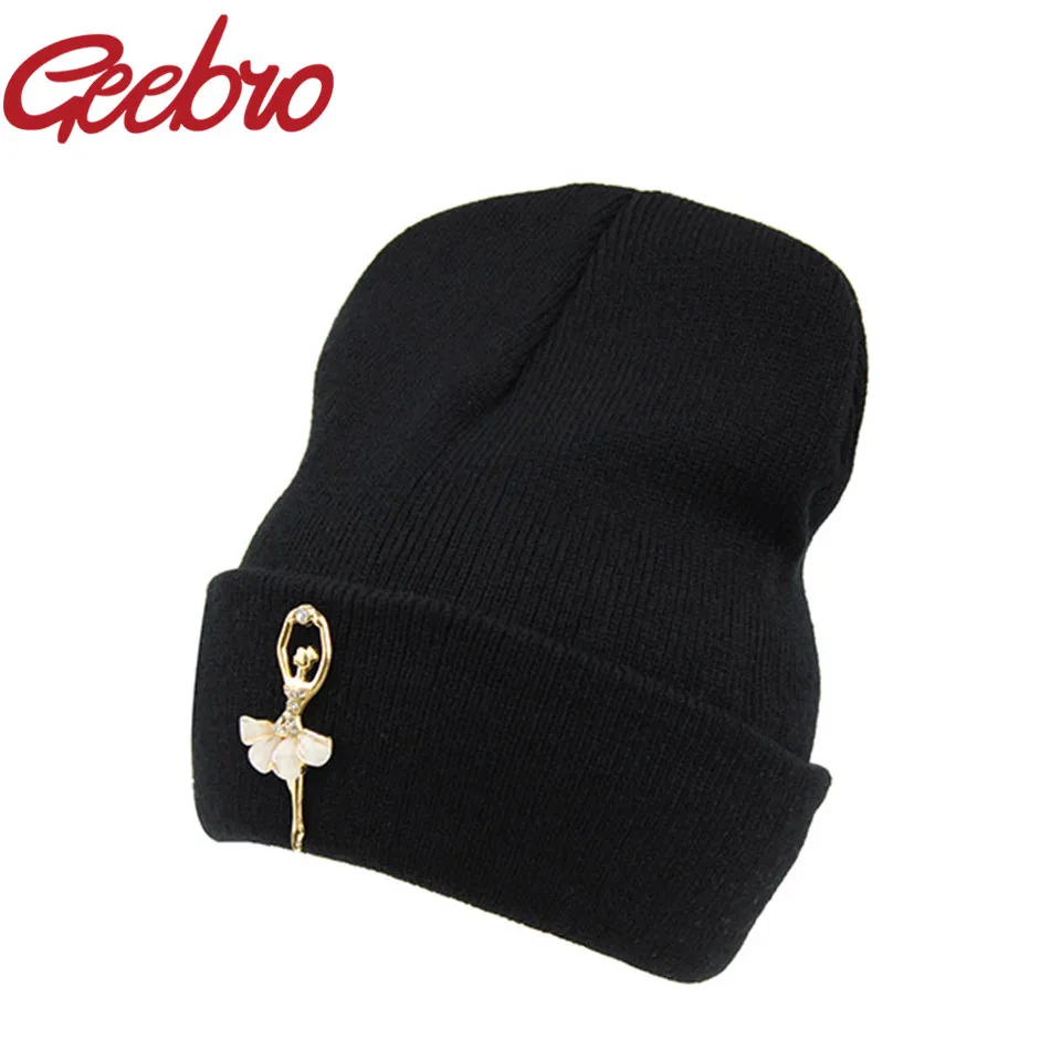 

Geebro Women New Fashion Dress Icon Ballet Dance Girl Knitted Hats Winter Ski Beanies Hip Hop CZ Rhinestone Caps Female Bonnet