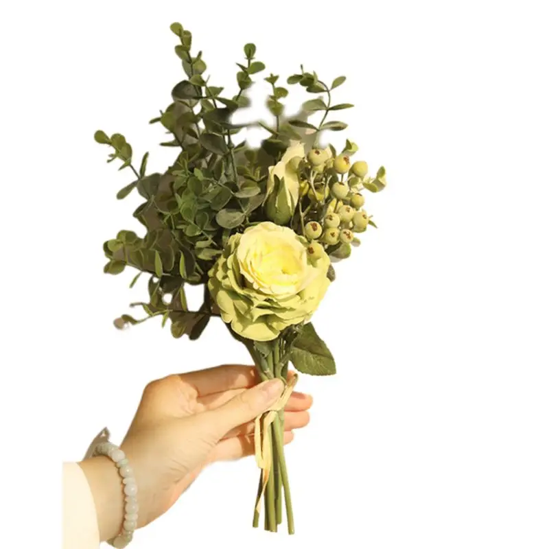 

2021 Artificial Rose Flower Bridal Bouquets With Fake Plants Eucalyptus Leaves Berries Wedding Party Table Centerpieces Home