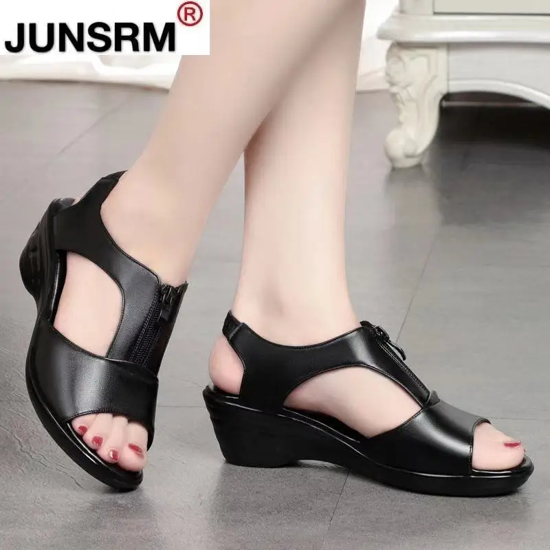 

2021 Summer New Women Casual Sandals Wedges Leather Shoes Woman Solid Casual Zip Platform Women's Comfort Sandals Plus Size