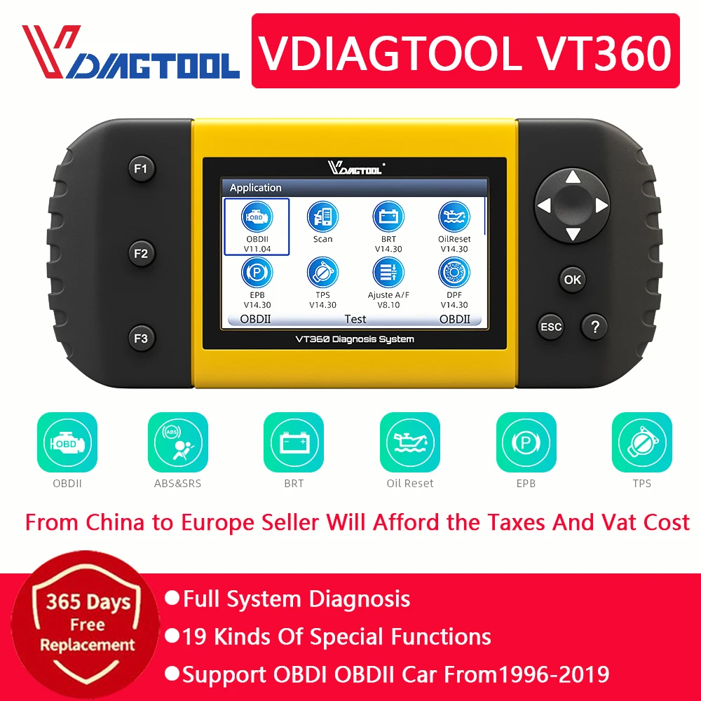 

Автомобильный сканер с полной системой OBD2 Инструменты VDIAGTOOL VT360 автомобильный инструмент EPB DPF Immo TPMS сброс масла OBD2