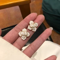 elegant white camellia stud earrings for women retro 3d flowers fashion korean earrings charm girls jewelry travel gifts
